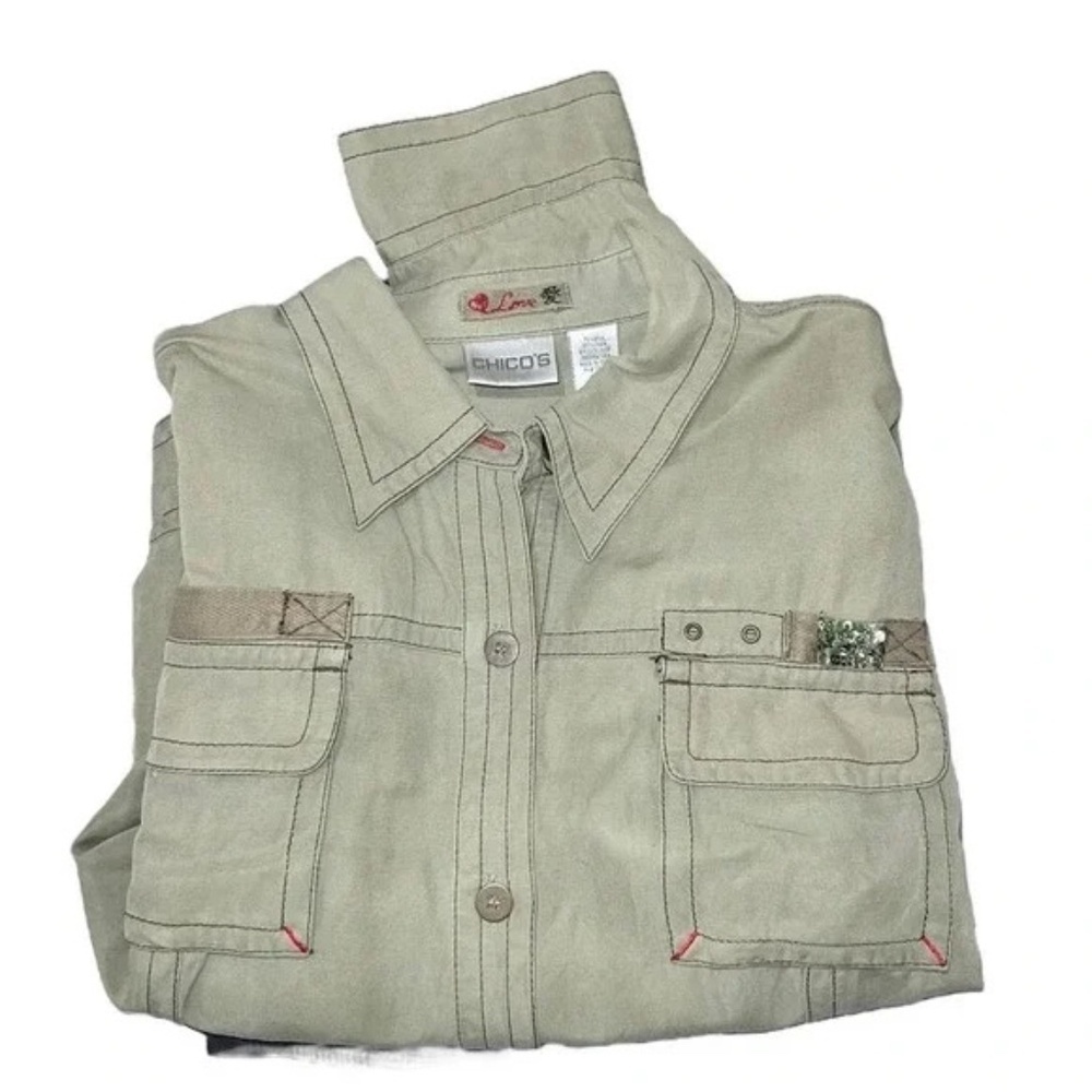 CHICOS Size Large Olive Green Short Bomber Jacket Linen Silk Blend - Picture 3 of 5